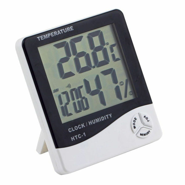 مقياس رقمي للرطوبة و درجة الحرارة مع ساعة (مضاد للماء)